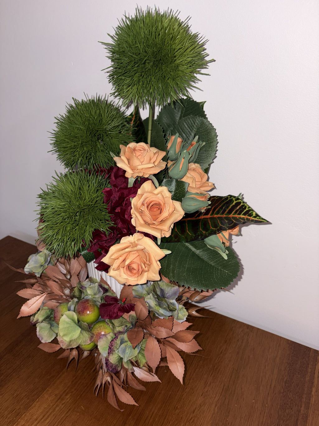Burnt Orange Rose, Allium and Miniature Apple Vase Arrangement