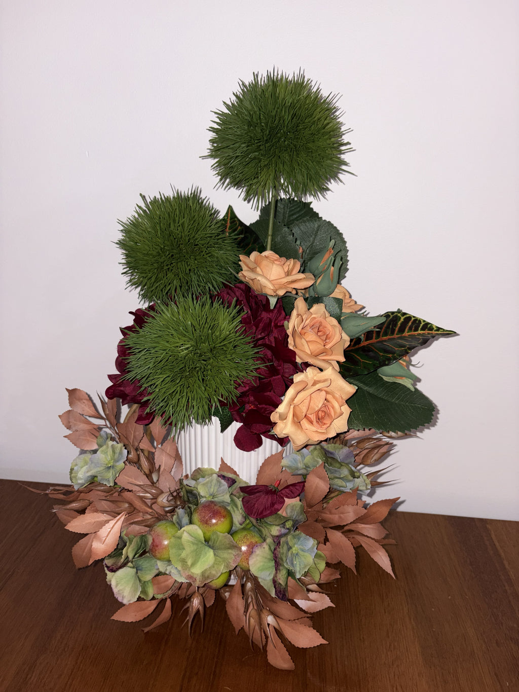 Burnt Orange Rose, Allium and Miniature Apple Vase Arrangement