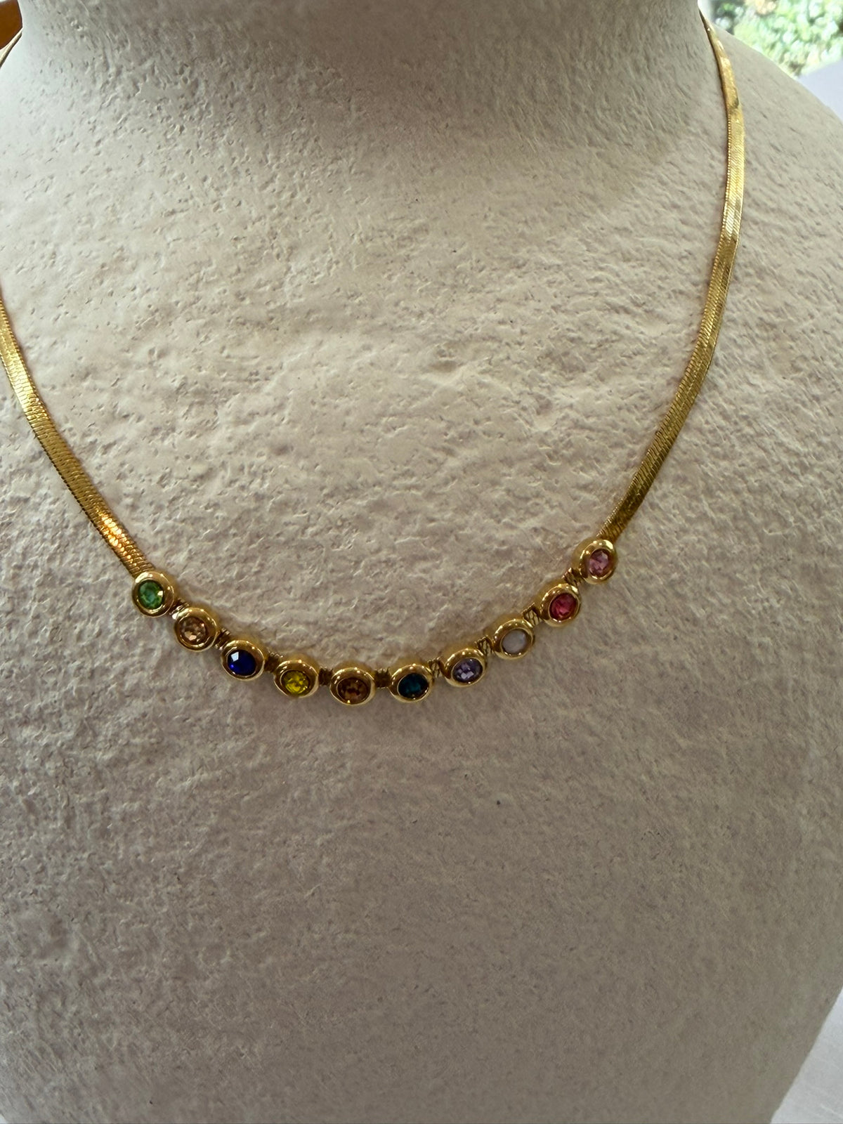 Rainbow Gemstone Chain Necklace 18k Gold Plated Steel