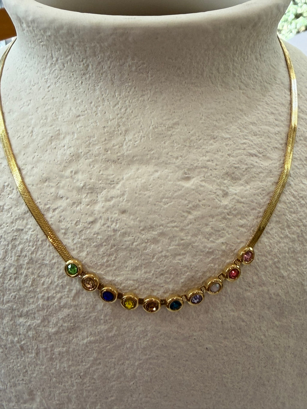 Rainbow Gemstone Chain Necklace 18k Gold Plated Steel