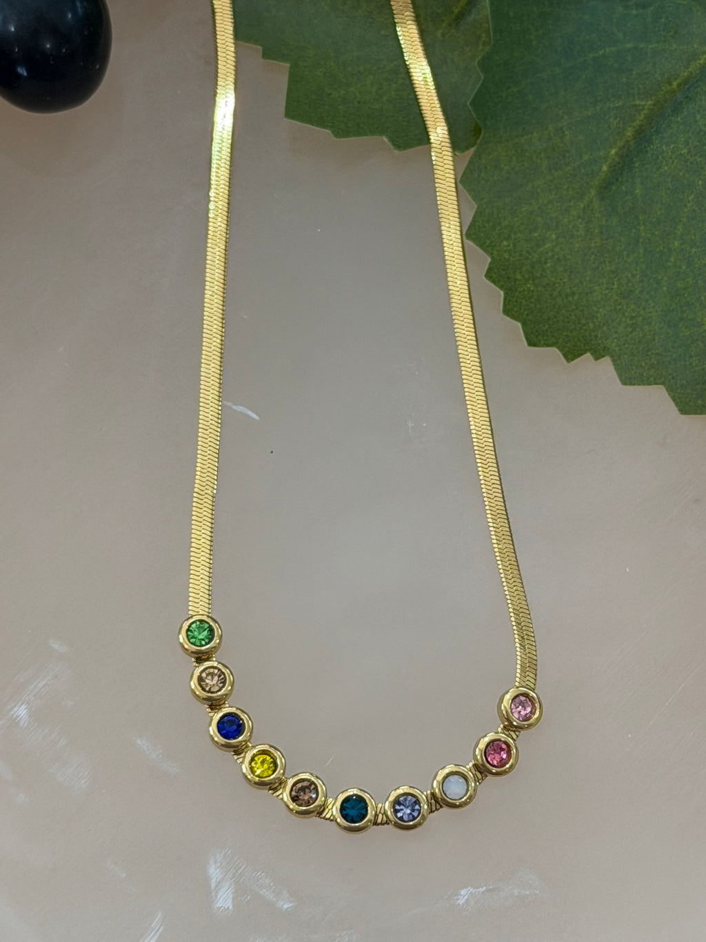 Rainbow Gemstone Chain Necklace 18k Gold Plated Steel