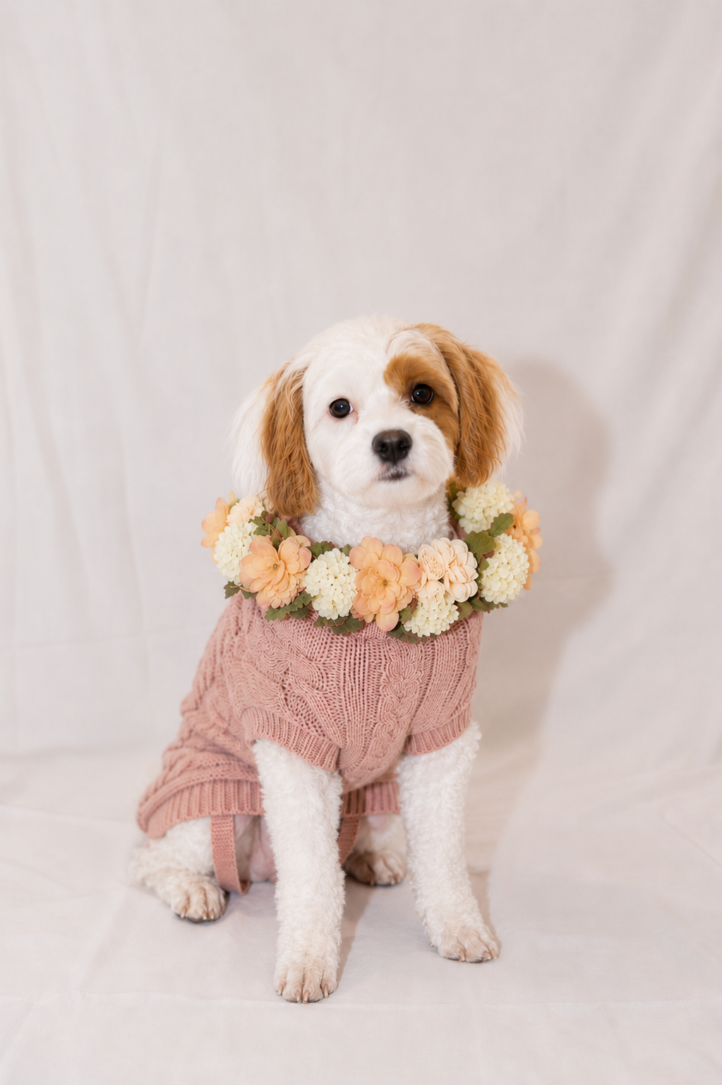 A small white and tan dog wearing a pink knit pet sweater and a flower collar, sitting against a white fabric backdrop.