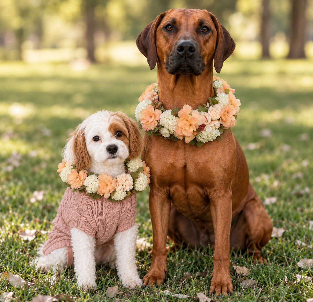 A large brown dog and a small white dog sitting side by side on grass in a sunny park. The small dog wears a pink knit sweater and a floral collar, while the larger dog wears a matching floral collar.