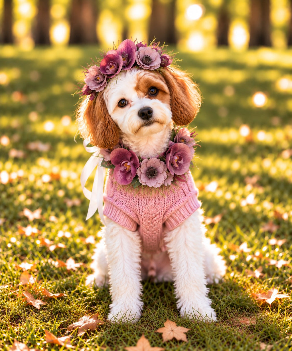 A small white and tan dog sits on grass outdoors wearing a pink knitted pet sweater and a purple flower crown, with blurred trees and fallen leaves in the background.
