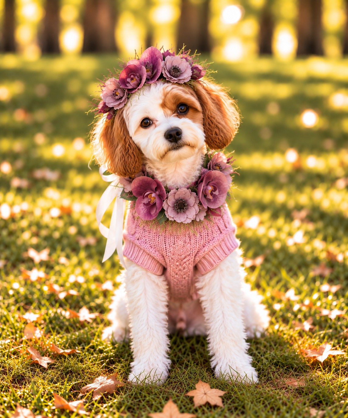 A small white and tan dog sits on grass outdoors wearing a pink knitted pet sweater and a purple flower crown, with blurred trees and fallen leaves in the background.