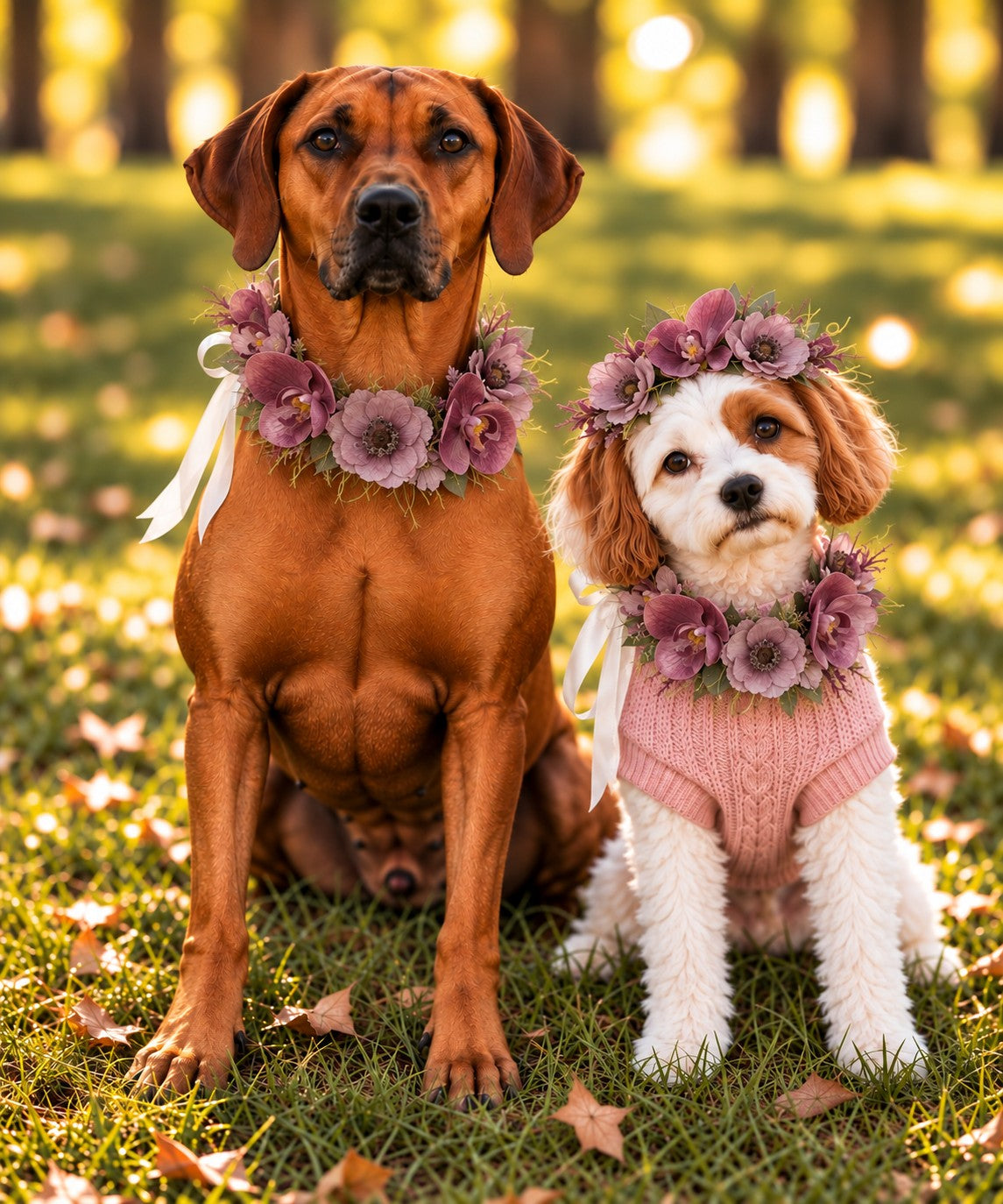 Two dogs sitting on grass outdoors, each wearing a floral collar and a pink knit pet sweater. The larger dog is brown and the smaller dog is white and brown, with a warm golden light background.