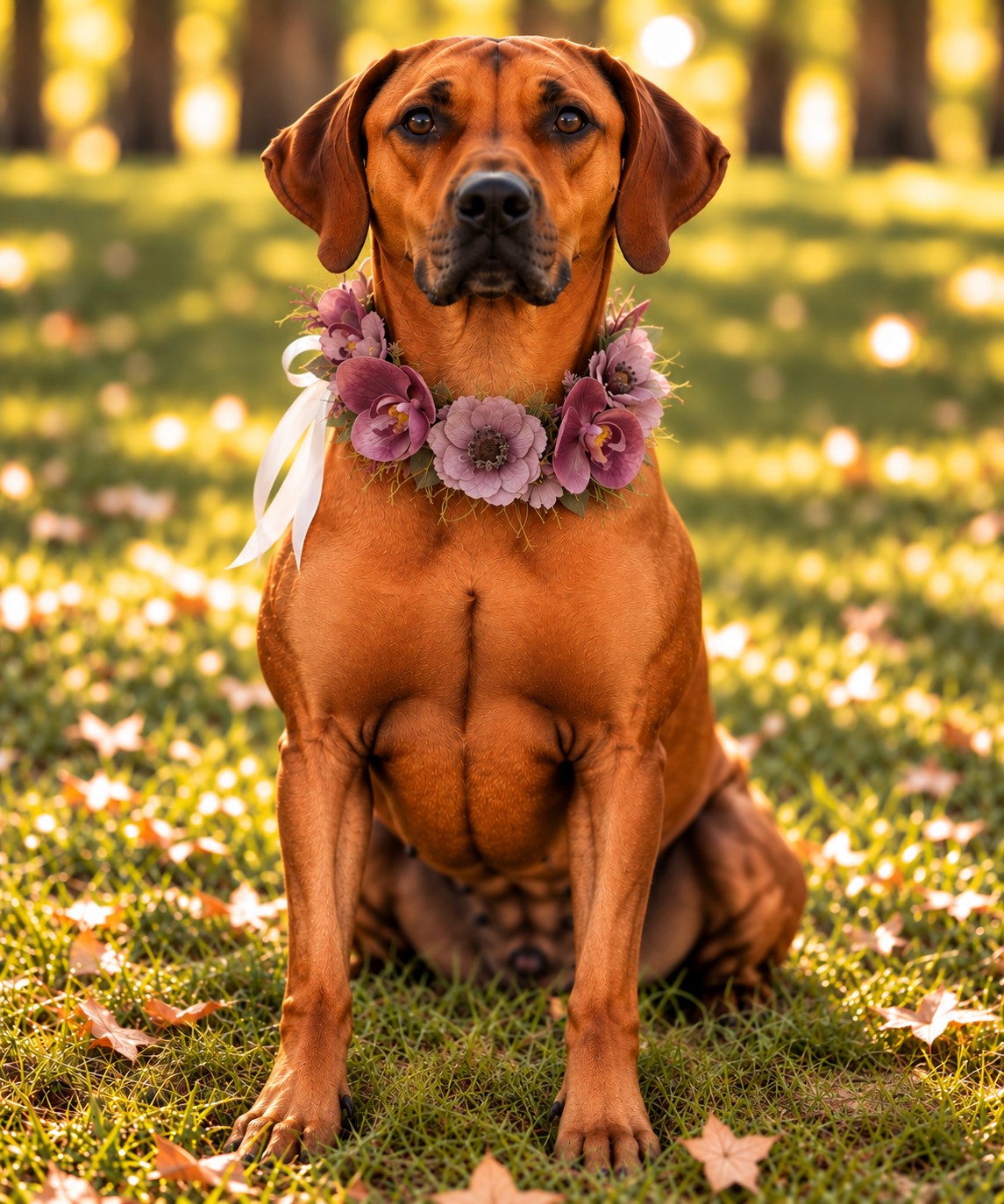 A brown dog sitting on grass outdoors, wearing a floral collar made of purple flowers and a white ribbon, with blurred trees and fallen leaves in the background.