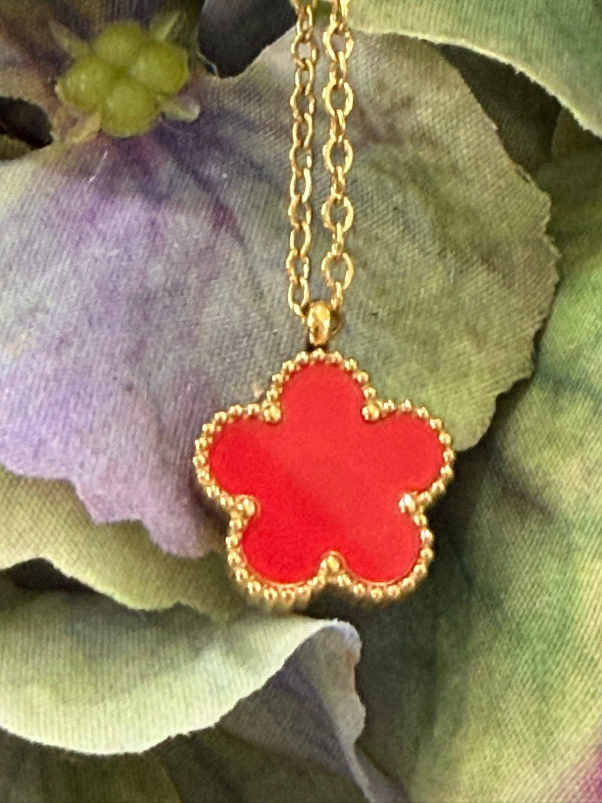 Red Floral Pendant Necklace 18k Gold Plated Steel