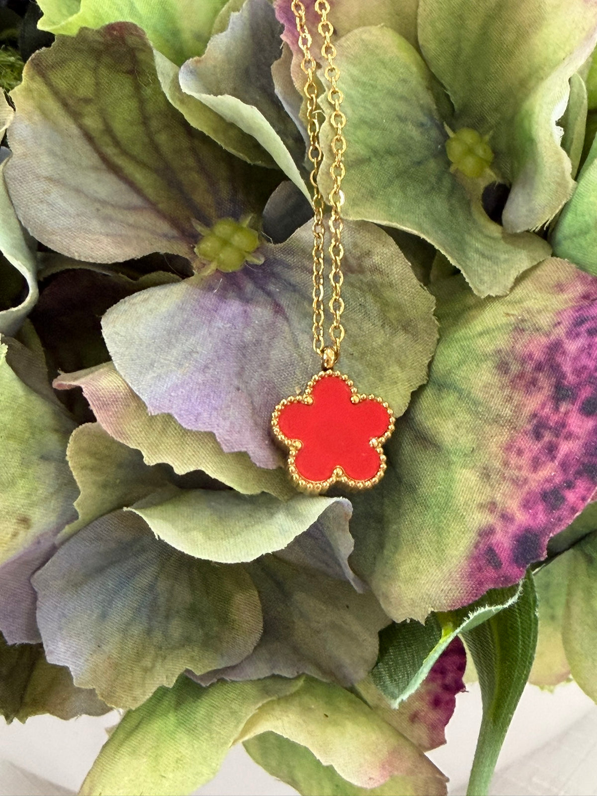 Red Floral Pendant Necklace 18k Gold Plated Steel