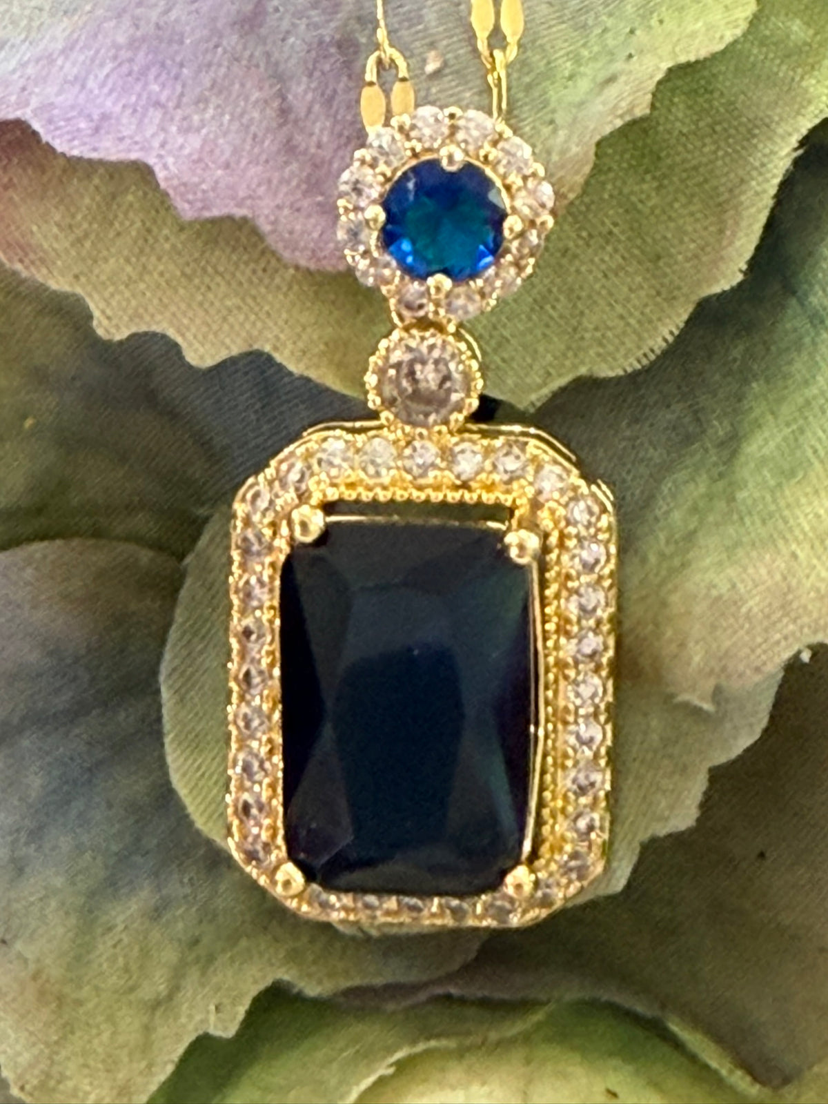 Sapphire Halo Pendant Necklace 18k Gold Plated Steel