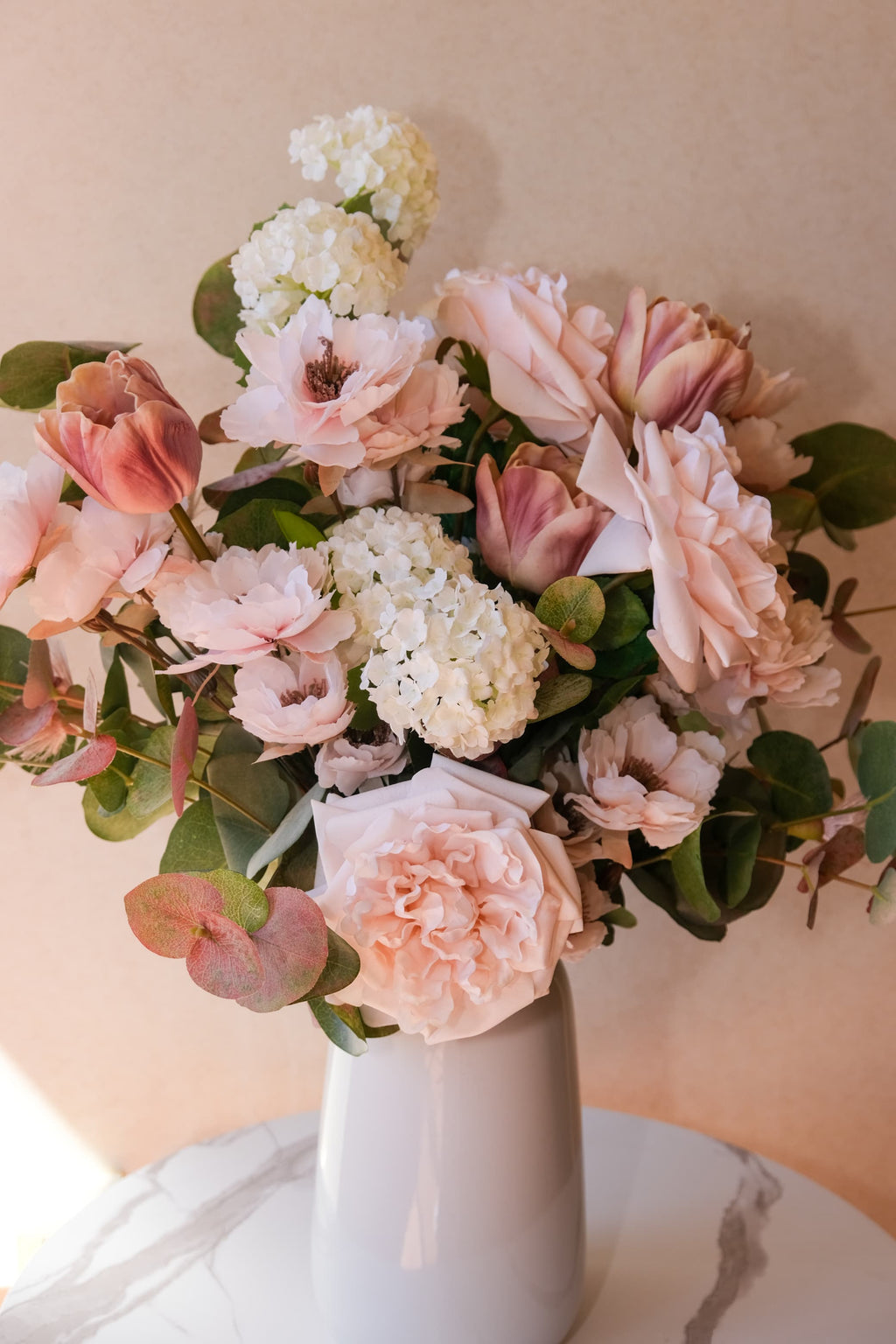 Garden Rose, Tulip & Snowball Vase Arrangement