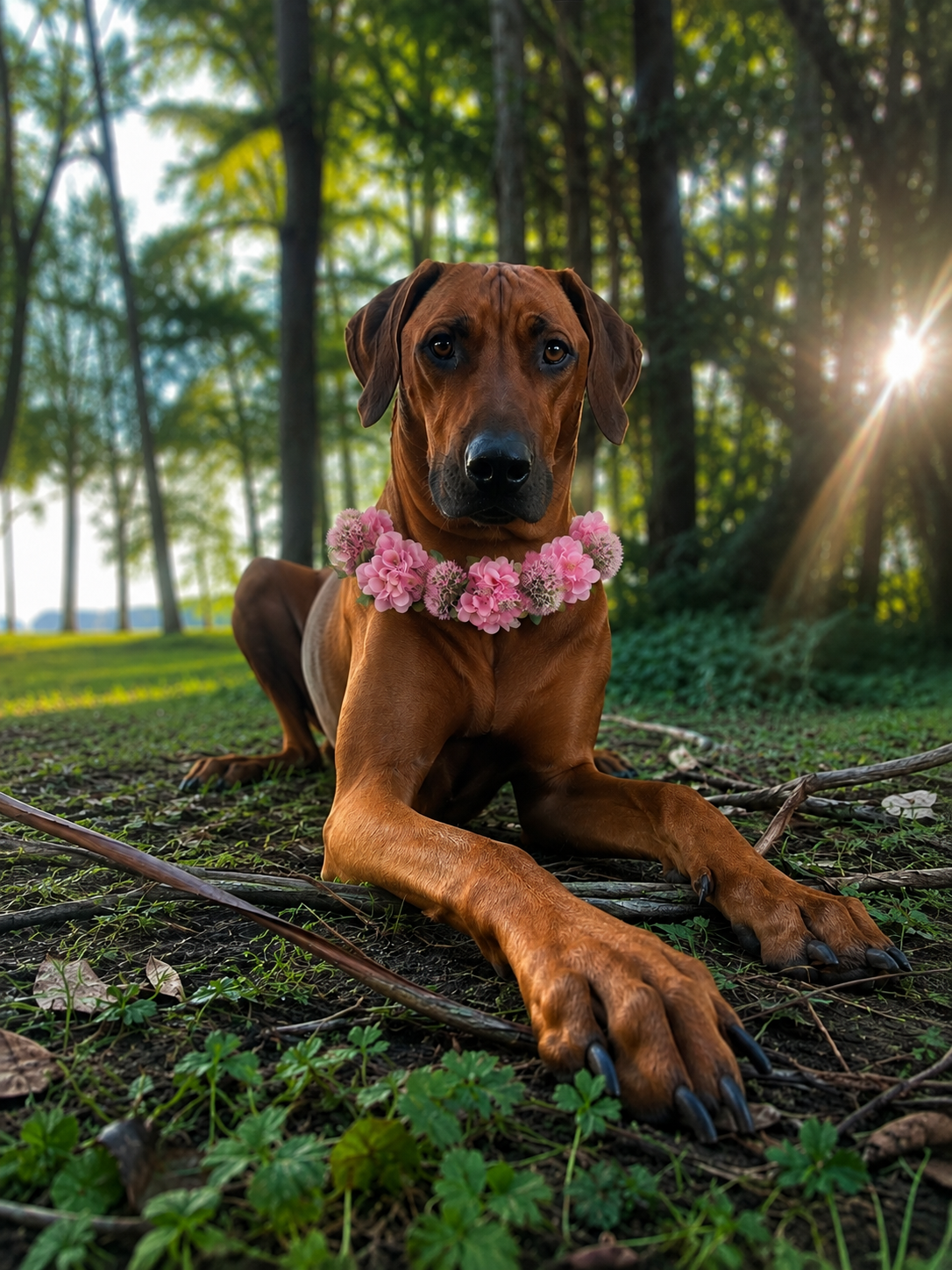 Wild Coastal Bloom Crown & Garland worn by Puccini the dog, featuring mauve thistle and hot pink hydrangea