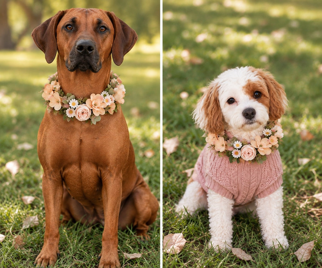 A side-by-side comparison of two dogs wearing matching floral flower crowns and outfits. The left dog is a large brown dog wearing a flower crown, and the right dog is a small white and brown dog wearing a pink knit sweater and a matching flower crown, both sitting on grass outdoors.