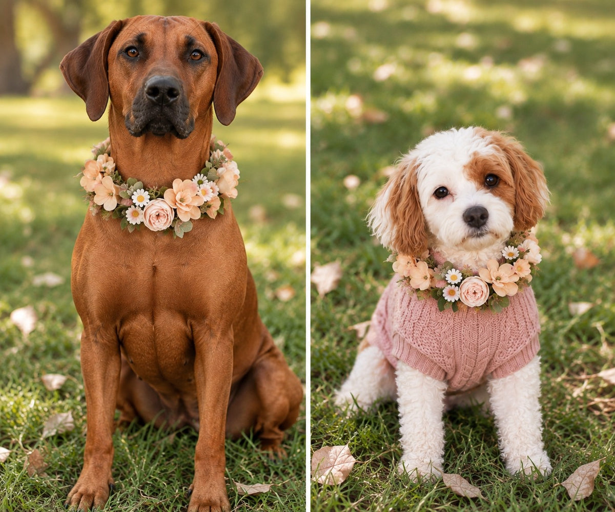 A side-by-side comparison of two dogs wearing matching floral flower crowns and outfits. The left dog is a large brown dog wearing a flower crown, and the right dog is a small white and brown dog wearing a pink knit sweater and a matching flower crown, both sitting on grass outdoors.