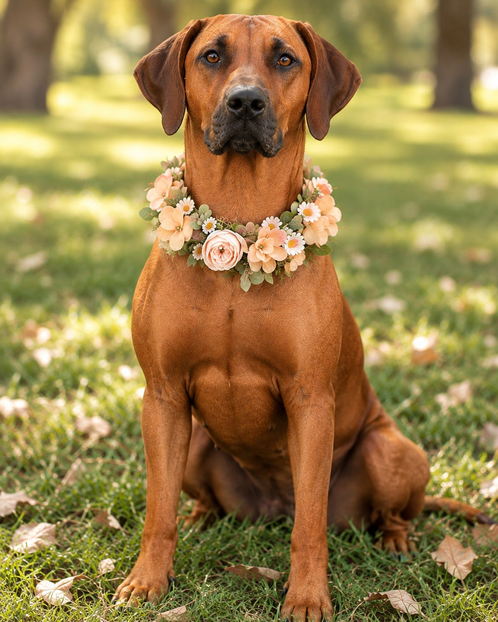 A brown dog sitting on grass in a park, wearing a floral collar made of peach and cream roses with green leaves.