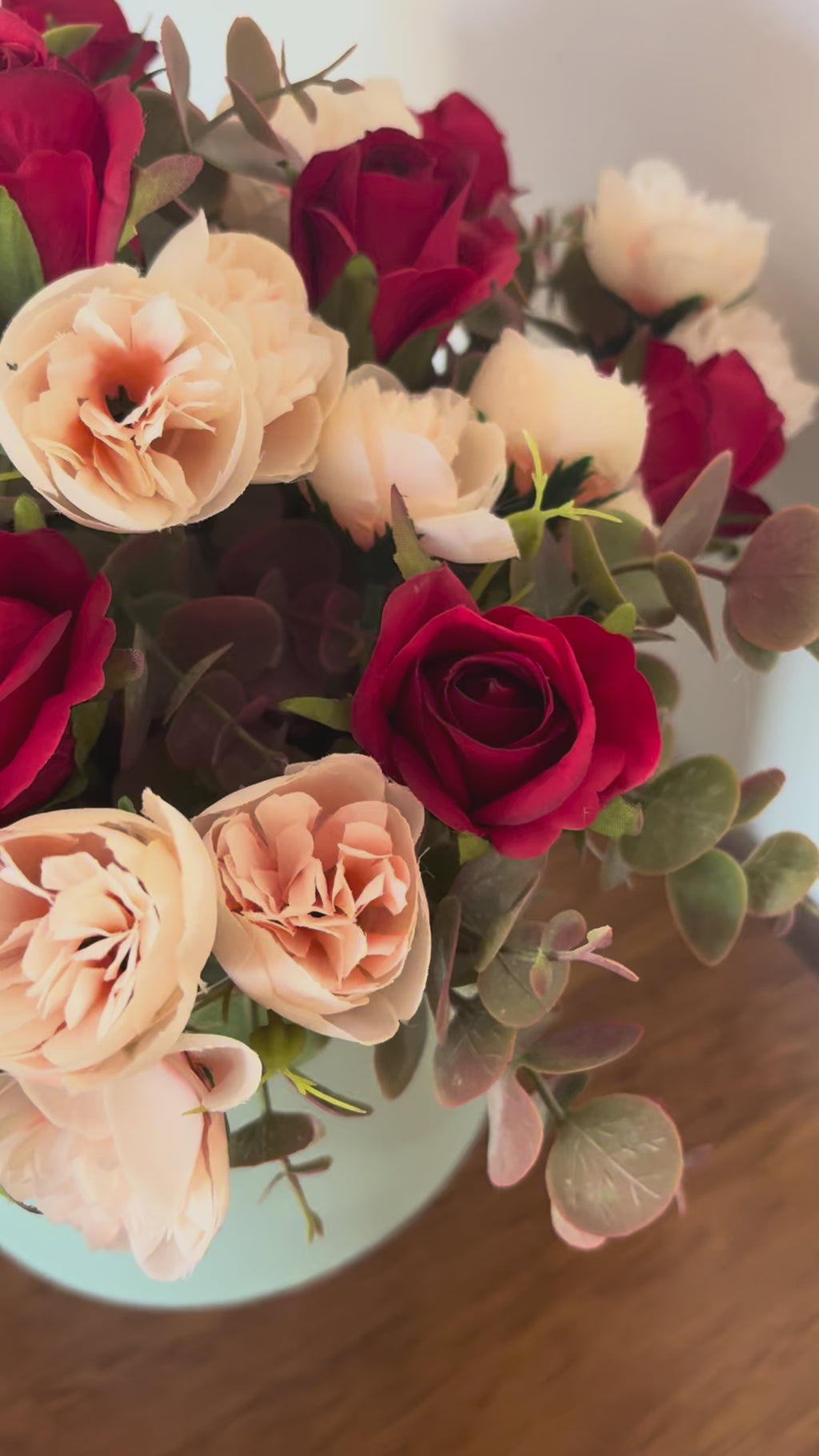 Red Rose & Peach Ranunculus Hatbox Arrangement