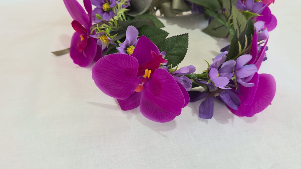 Striking purple cosmos & cerise orchids flower crown with sage satin ribbon. Perfect for weddings, hens parties & festivals. Shop The Velvet Grove - perfect for pets & humans