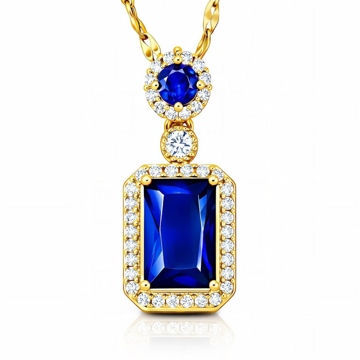 The Velvet Grove rectangular blue gemstone pendant necklace with white crystal halo and gold-tone chain.