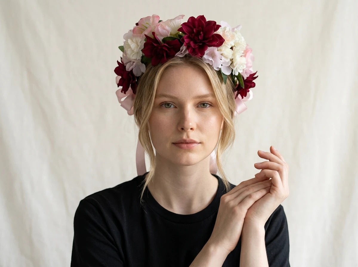 The Velvet Grove burgundy dahlia and pink bellflower floral crown worn by a woman with ribbon ties.