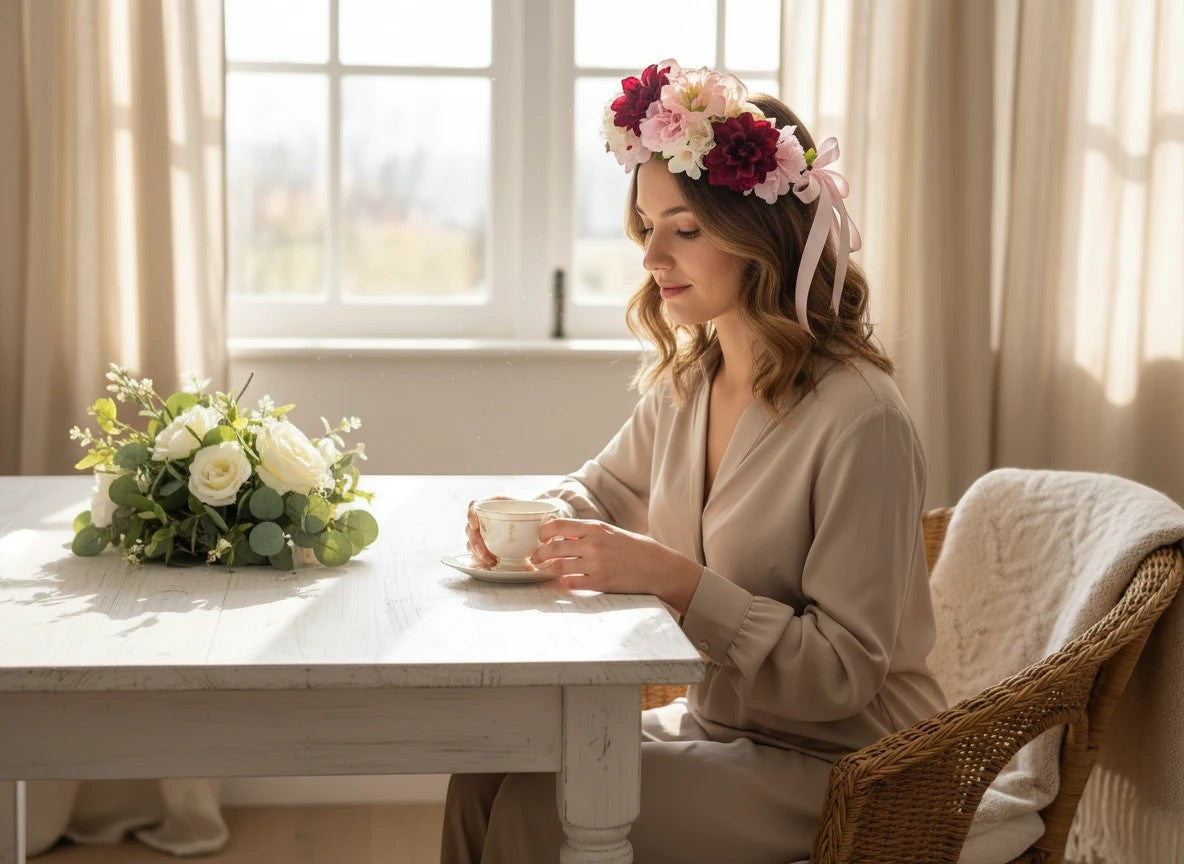 The Velvet Grove burgundy dahlia and pink bellflower flower crown worn by a woman sitting at a table with tea.