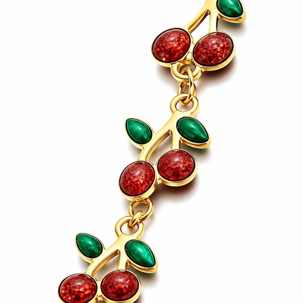 The Velvet Grove gold-tone link chain bracelet featuring vibrant red enamel cherry motifs and green leaf accents.
