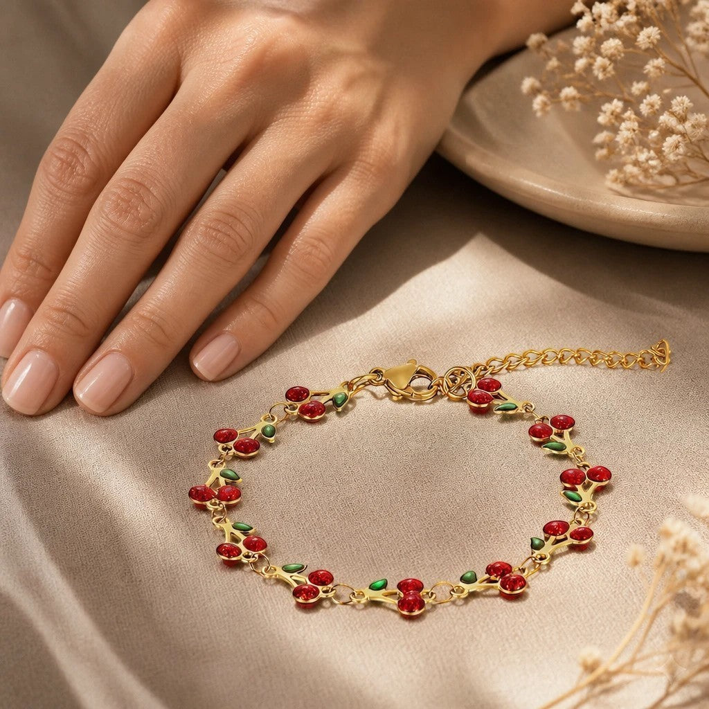 The Velvet Grove gold-tone link chain bracelet featuring red enamel cherry motifs with green leaves on a beige fabric.