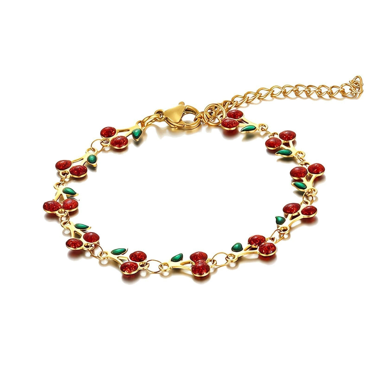 The Velvet Grove gold-tone link chain bracelet featuring red enamel cherry motifs with green leaves.