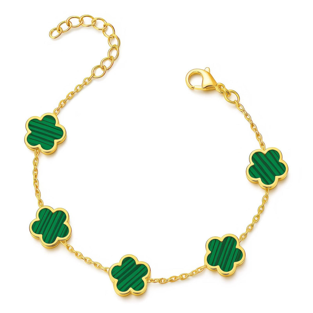 The Velvet Grove gold-tone link chain bracelet featuring five emerald green striped clover-inspired floral motifs.