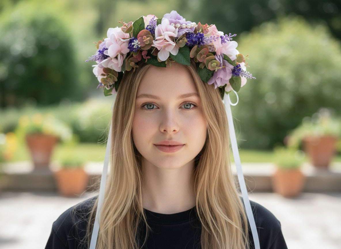 The Velvet Grove floral crown with pink and purple faux flowers, green foliage, and pearls worn by a blonde woman.