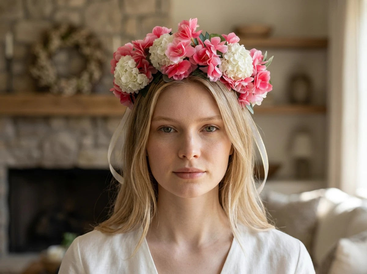The Velvet Grove floral crown with pink blossoms and cream hydrangeas worn by a blonde woman in a cozy living room.