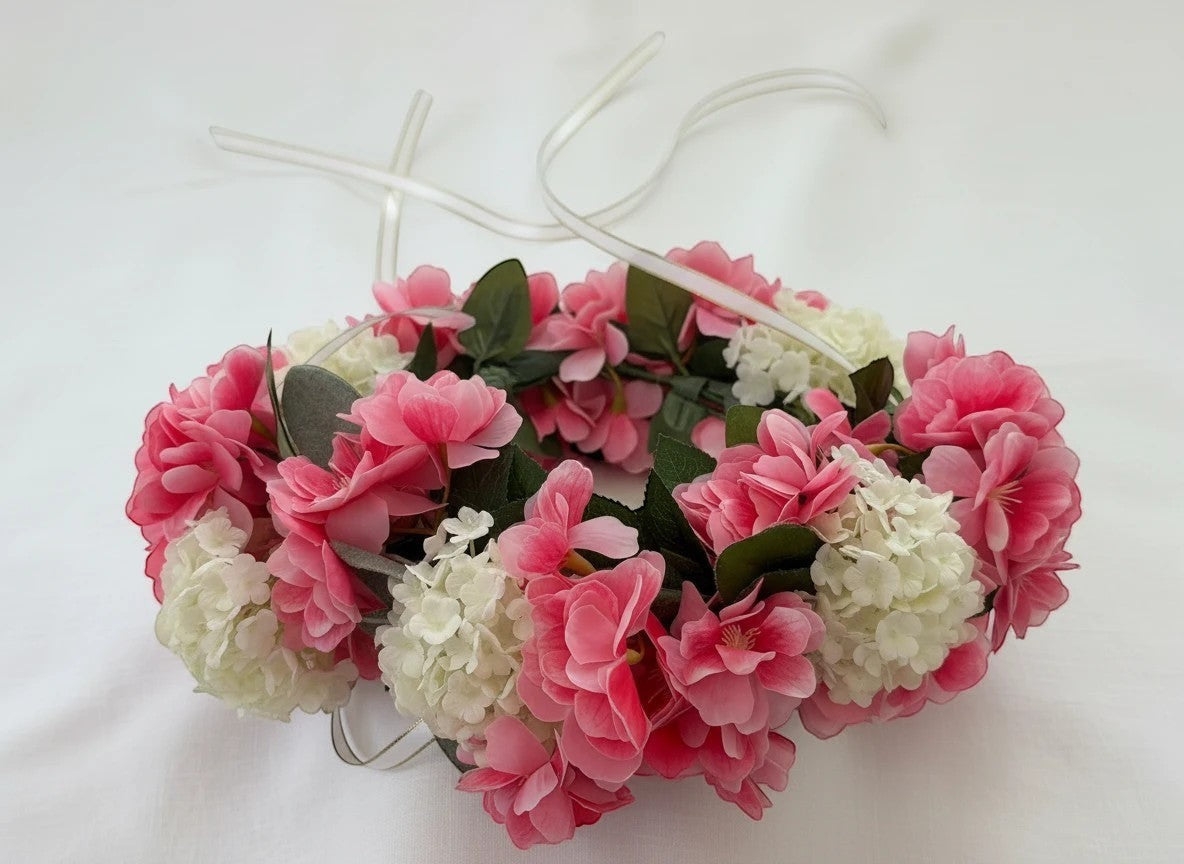 The Velvet Grove floral crown featuring vibrant pink blossoms, cream hydrangeas, and green leaves with ribbon ties.