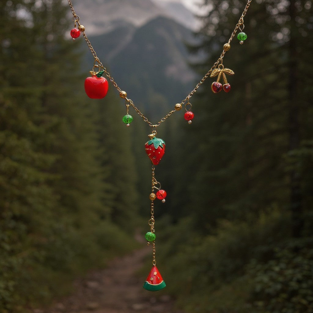 The Velvet Grove layered gold-tone necklace featuring vibrant enamel fruit charms like apples, cherries, and watermelon.