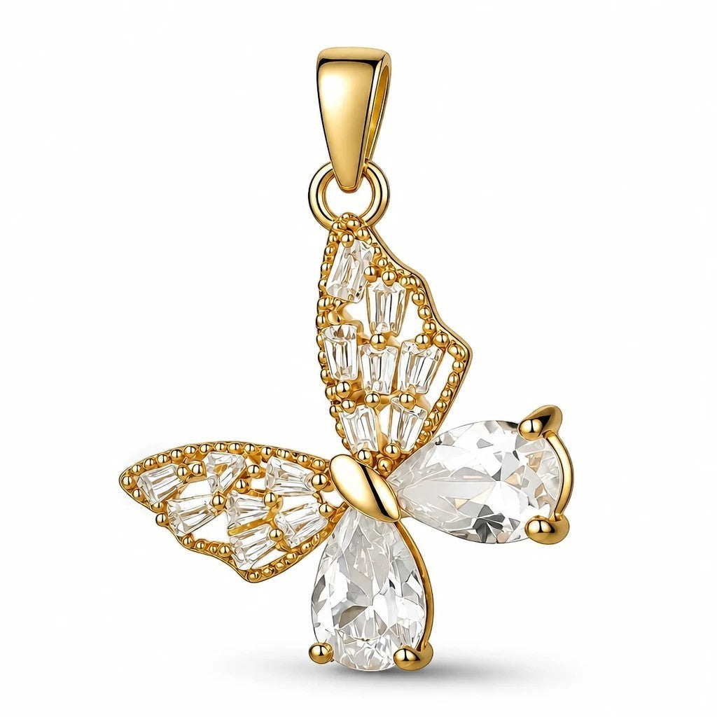 The Velvet Grove gold butterfly pendant necklace featuring sparkling baguette and pear-cut crystals.