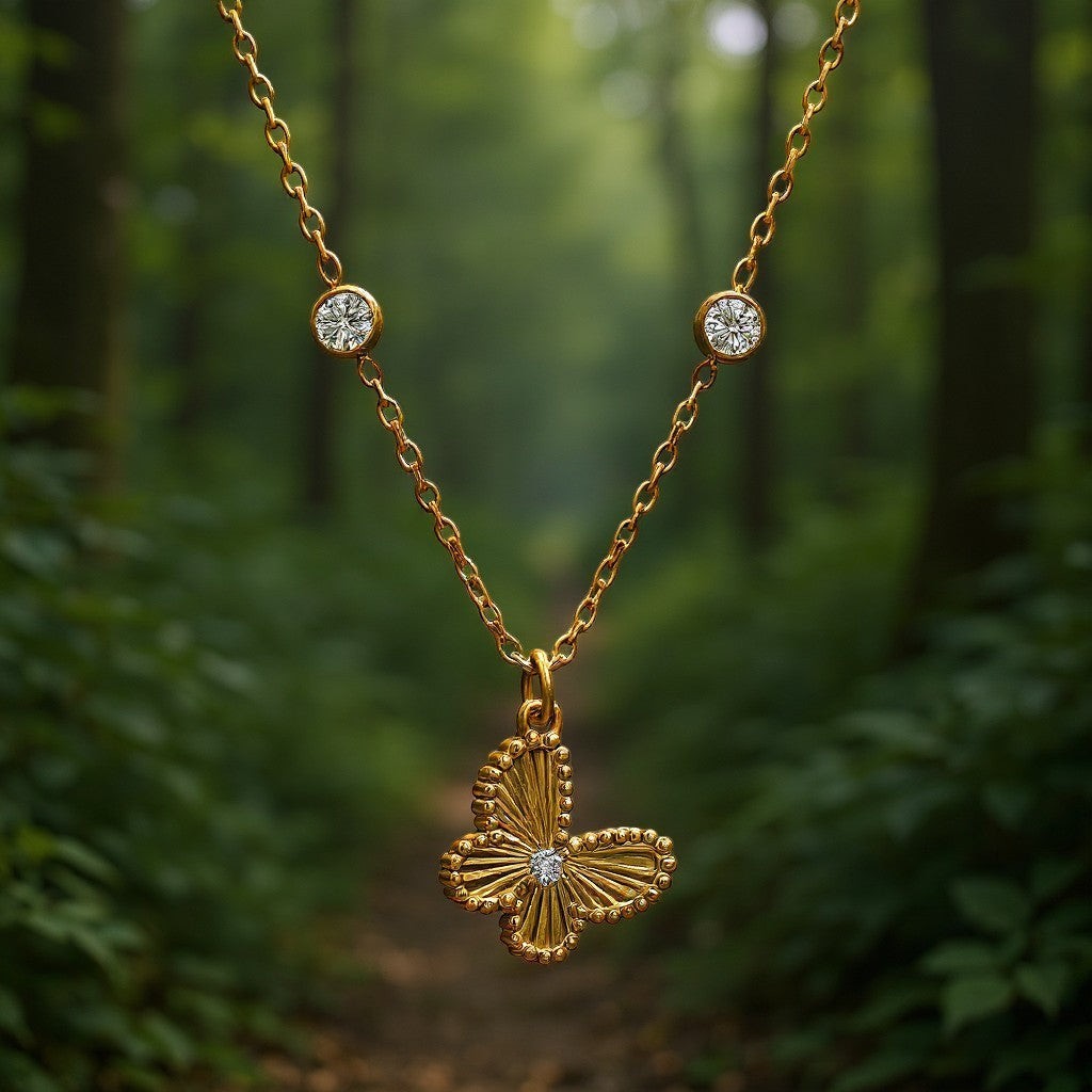 The Velvet Grove gold butterfly pendant necklace with sparkling stone accents and bezel-set chain details.