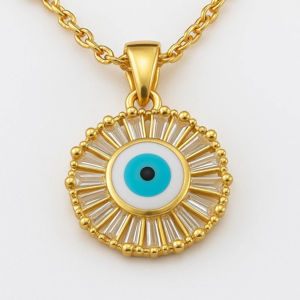 The Velvet Grove gold-tone evil eye pendant necklace with a radiant halo of clear baguette-cut crystals.