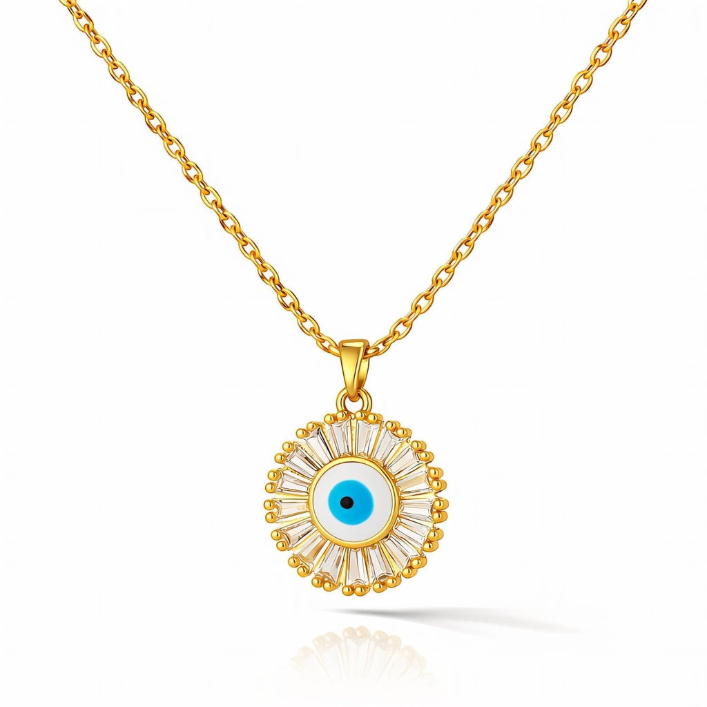 The Velvet Grove gold-tone evil eye pendant necklace with a radiant halo of clear baguette-cut crystals on a delicate chain