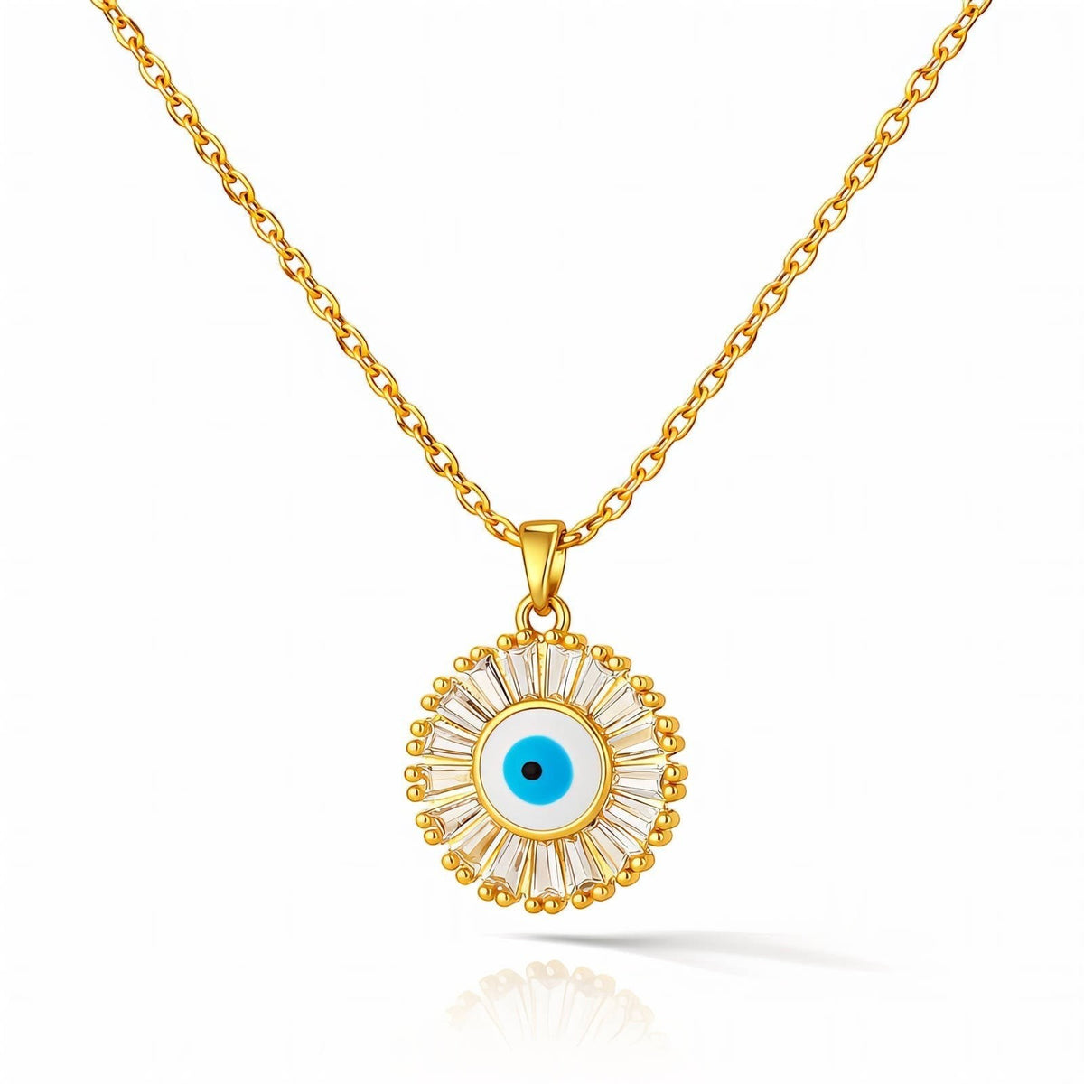 The Velvet Grove gold-tone evil eye pendant necklace with a radiant halo of clear baguette-cut crystals on a delicate chain