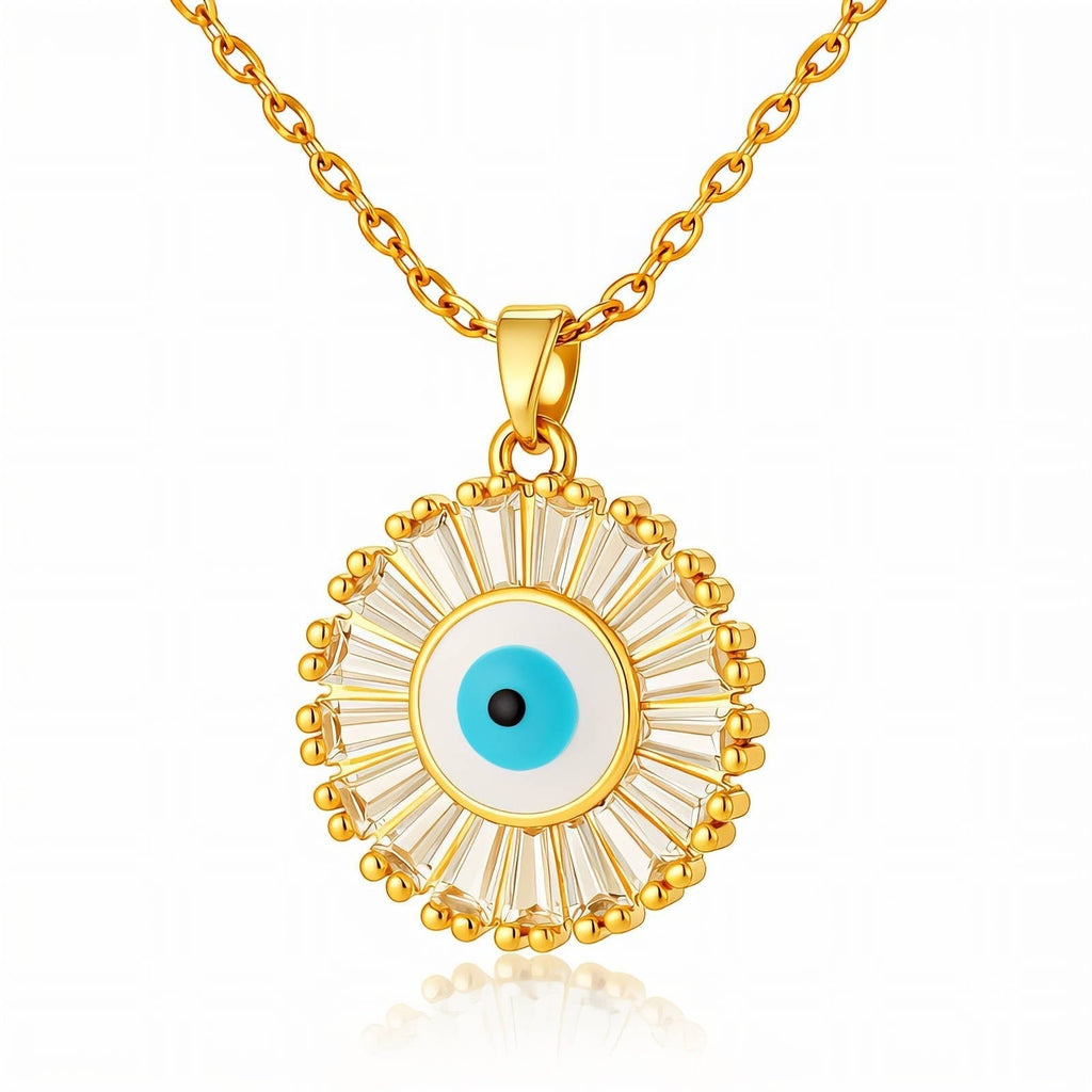 The Velvet Grove gold-tone evil eye pendant necklace with a radiant halo of clear baguette-cut crystals on a chain.