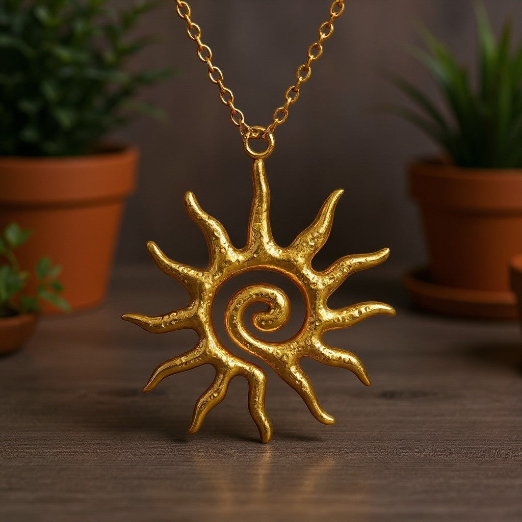 The Velvet Grove gold-tone sun pendant necklace with a textured spiral design on a delicate chain.