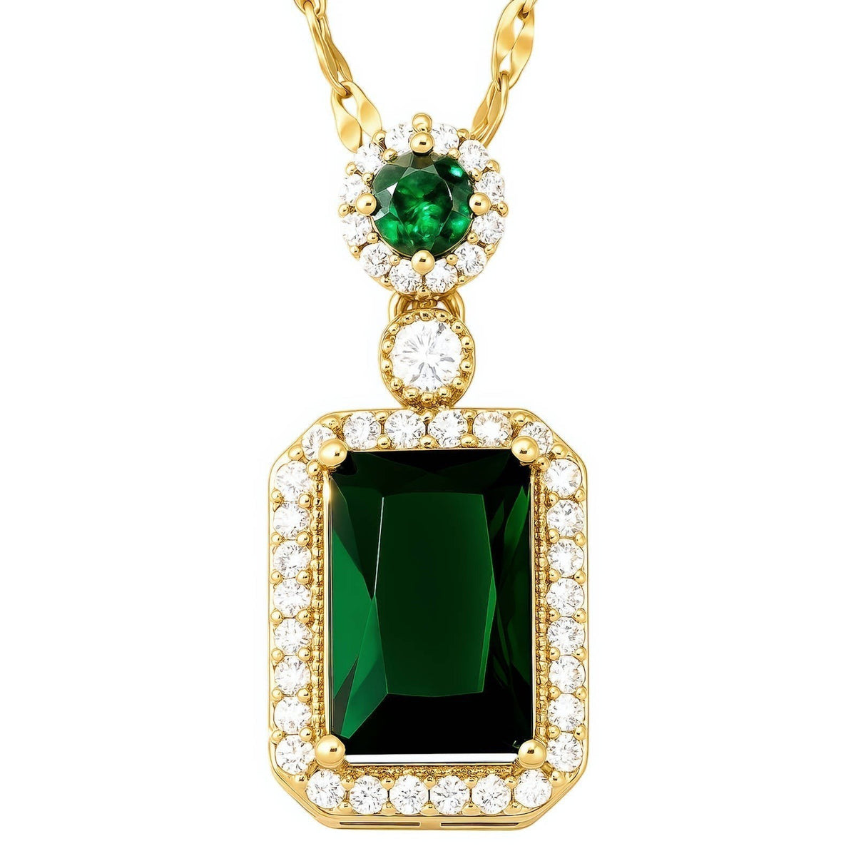 The Velvet Grove emerald green rectangular pendant necklace with clear crystal halo and gold-tone chain
