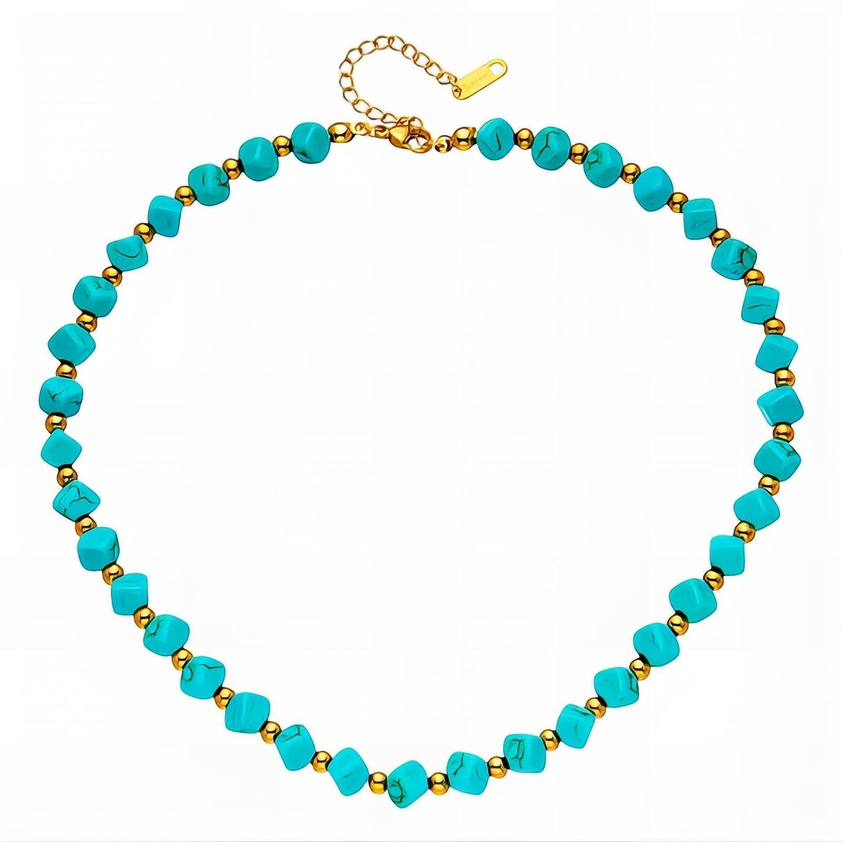The Velvet Grove beaded statement necklace featuring turquoise-hued beads and polished gold-tone spacers.
